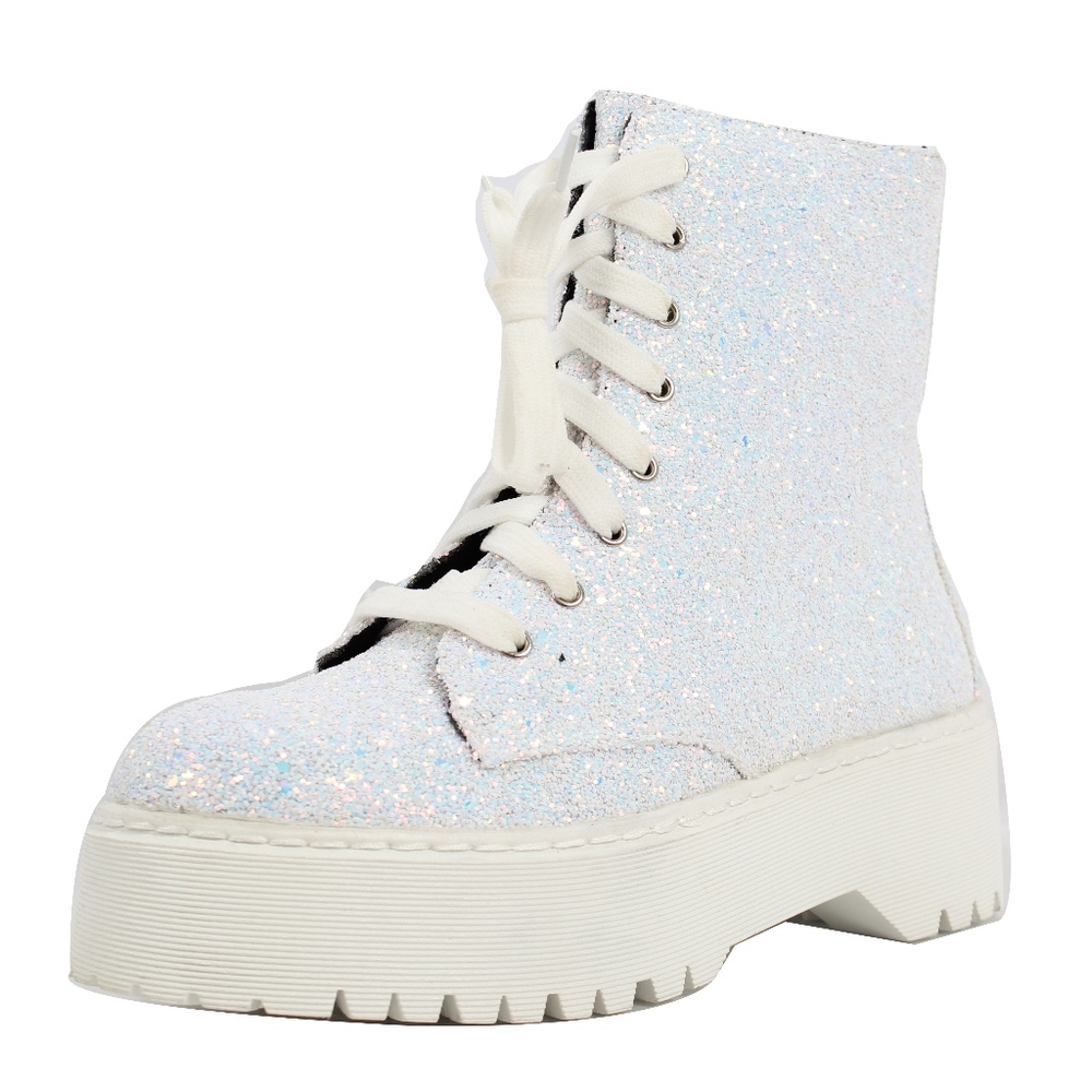 White Glitter Lace Up Lug Platform Ankle Boot - Picture 2 of 4